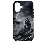 Carcasa para iPhone 16 Nekomata Yokai Gato Negro Luna Creciente Arte Sumi-e