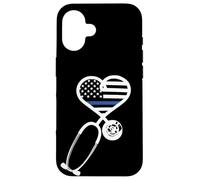 Carcasa para iPhone 16 Nurse Police Wife Officer Thin Blue Line Heart Flag Black