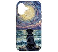 Carcasa para iPhone 16 Obra de Arte Black Labrador Starry Night Puppy at The Beach