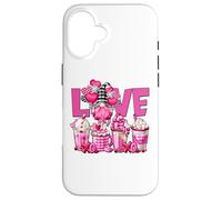 Carcasa para iPhone 16 Pink Latte Buffalo Plaid GNOME Love Valentines Coffee