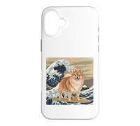 Carcasa para iPhone 16 Plus Amante de los Perros pomeranios, japoneses, Kanagawa, surfeando Olas