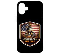 Carcasa para iPhone 16 Plus American Embrace The Dirt Bike Rider Motocross Patriot USA