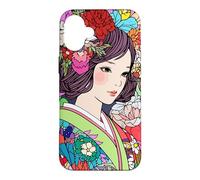 Carcasa para iPhone 16 Plus Arte de Anime Kawaii Japanese Vibe Kimono Girl Flowers