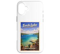 Carcasa para iPhone 16 Plus Arte de Viaje Retro de Michigan Torch Lake Traverse City Up North