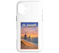 Carcasa para iPhone 16 Plus Arte de Viaje Vintage del Lago Michigan, Faro de San José, MI