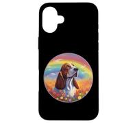 Carcasa para iPhone 16 Plus Basset Hound Rainbow Bridge Pintura Conmemorativa de Perro Colorido
