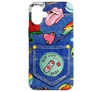 Carcasa para iPhone 16 Plus Blue Denim Patch Pattern Bad Luck Babe 90s Diseño estético