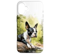 Carcasa para iPhone 16 Plus Boston Terrier Acuarela Perro Bosque Naturaleza Amante Bos
