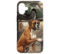Carcasa para iPhone 16 Plus Boxer Dog Mechanic Garage Escena de reparación de Coches clásicos