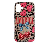 Carcasa para iPhone 16 Plus Brown Cheetah America Girls con Estampado de Leopardo, Cereza y Lazo