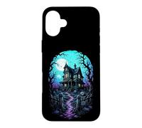 Carcasa para iPhone 16 Plus Casa embrujada Luna de Sangre Arte de Grabado en Madera
