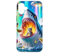 Carcasa para iPhone 16 Plus Cat Kitty Montando Fuego Respirando Tiburón Arco Iris Laser