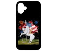 Carcasa para iPhone 16 Plus Cat Unicorn 4th of July Patriotic American Flag Fireworks