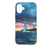 Carcasa para iPhone 16 Plus Coastal Lighthouse Sailboat Ocean Sunset Scenic Artwork