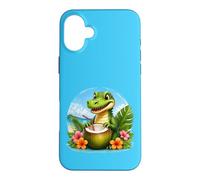 Carcasa para iPhone 16 Plus Cocodrilo Divertido en la Playa, Flores Tropicales de Coco