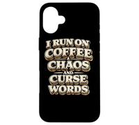 Carcasa para iPhone 16 Plus Corro con café Caos Palabras malditas Regalo Divertido para