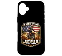 Carcasa para iPhone 16 Plus Corro con Jesús en mi corazón American Dirt Bike Rider USA