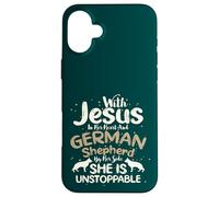 Carcasa para iPhone 16 Plus Cristianismo Jesús Corazón Pastor Alemán a Lado Cristiano
