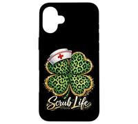 Carcasa para iPhone 16 Plus Día de San Patricio Nurse Scrub Life Leopard Shamrock
