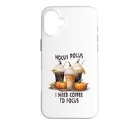 Carcasa para iPhone 16 Plus Divertido Halloween Hocus Pocus Necesito Café para Enfocarse Barista