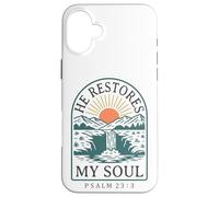 Carcasa para iPhone 16 Plus Él restaura mi Alma - Salmo 23:3 Retro Mountain Christian