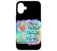 Carcasa para iPhone 16 Plus Ella está Vestida de Fuerza y dignidad Escritura Cristiana
