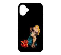 Carcasa para iPhone 16 Plus Fantasy Barbarian Pinup Woman Red Baby Dragon Tugging Skirt