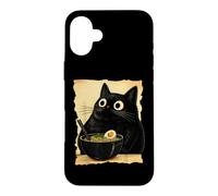 Carcasa para iPhone 16 Plus Funny Black Fat Cat Eating Ramen Japanese Kawaii Anime