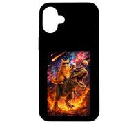 Carcasa para iPhone 16 Plus Funny Coffee Orange Cat Riding T-Rex in Cosmic Galaxy UFO