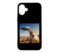 Carcasa para iPhone 16 Plus Funny Shocked Cat UFO Desert Alien Encounter Graphic