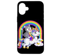 Carcasa para iPhone 16 Plus Gato Montando Unicornio Arco Iris Fantasía Lindo