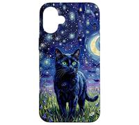 Carcasa para iPhone 16 Plus Gato Negro Noche Resplandor Estrellas y Luna ilustración