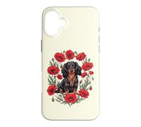 Carcasa para iPhone 16 Plus Girls Poppy Flowers Black Long Haired Dachshund Dog Lover