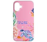 Carcasa para iPhone 16 Plus God Is Good Summer Ocean Preppy Pink Turtle & Coral