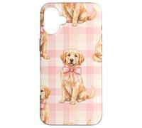 Carcasa para iPhone 16 Plus Golden Retriever Puppy Lazo Rosa Gingham Sweet Dog Design