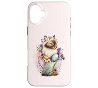 Carcasa para iPhone 16 Plus Happy Easter Cat Easter Tea Cup Coffee Cat Siamese Floral