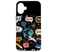Carcasa para iPhone 16 Plus It Starts with Hello Saludos Multilingües Aula Profesor