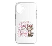 Carcasa para iPhone 16 Plus Jesus Thinks I'm A Delight Funny Christian Faith Cat Lover