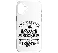 Carcasa para iPhone 16 Plus Life is Better with Cats & Books Coffee Black Cat Book Lover