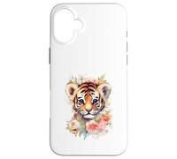Carcasa para iPhone 16 Plus Linda Acuarela bebé Tigre Cara Floral Selva Arte