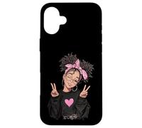 Carcasa para iPhone 16 Plus Linda Chica Signo de Paz Pelo Rizado Divertido gráfico juguetón Trippy