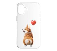 Carcasa para iPhone 16 Plus Lindo Corgi orientado hacia la Espalda con Globo de corazón Rojo Flotante