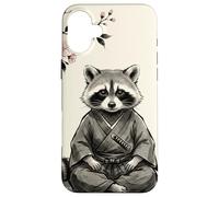 Carcasa para iPhone 16 Plus Lindo Mapache samurái Sentado bajo Flores de Cerezo Arte de Tinta