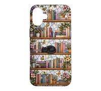 Carcasa para iPhone 16 Plus Literary Cat Book Lover Floral Estantería Vitral