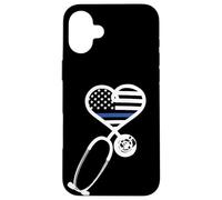 Carcasa para iPhone 16 Plus Nurse Police Wife Officer Thin Blue Line Heart Flag Black