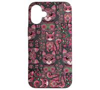 Carcasa para iPhone 16 Plus Patrón de Animal Peculiar Kitsch Collage Lindo Gato Floral Rosa