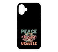 Carcasa para iPhone 16 Plus Peace Love Ukelele Hippie Hawaiano Reproductor de música Retro