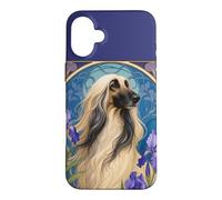 Carcasa para iPhone 16 Plus Perro Afgano Vintage con Flores de Iris púrpura