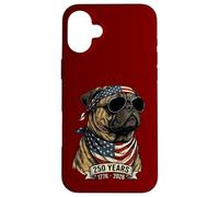 Carcasa para iPhone 16 Plus Perro Pug con Bandera Estadounidense 250 años 1776-2026 Bicentenario de EE. UU.