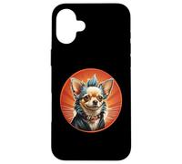 Carcasa para iPhone 16 Plus Punk Chihuahua Mohawk Chaqueta de Cuero Treat Bone Rock Pet Dad